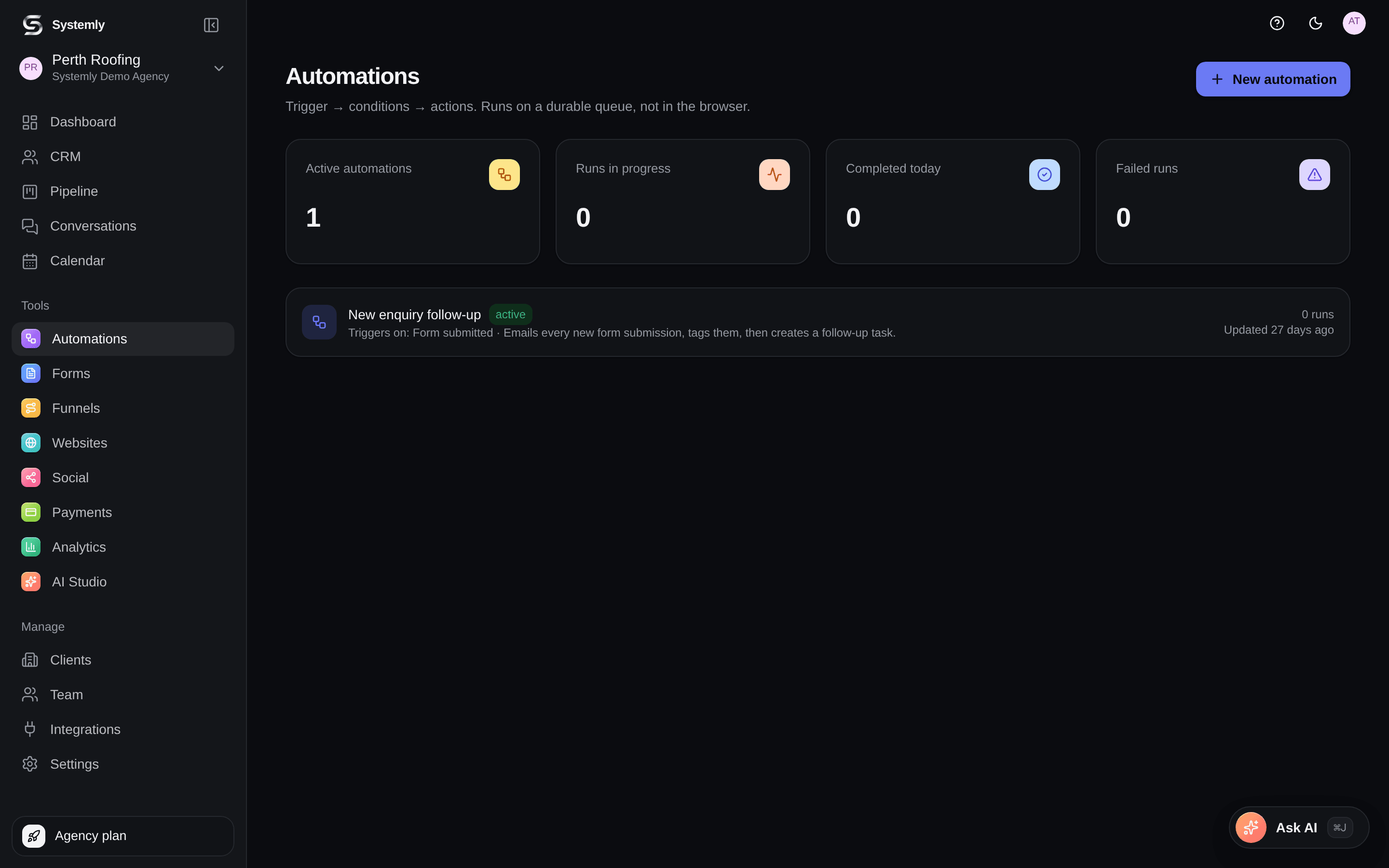 The Systemly automation builder showing a trigger, condition and action steps