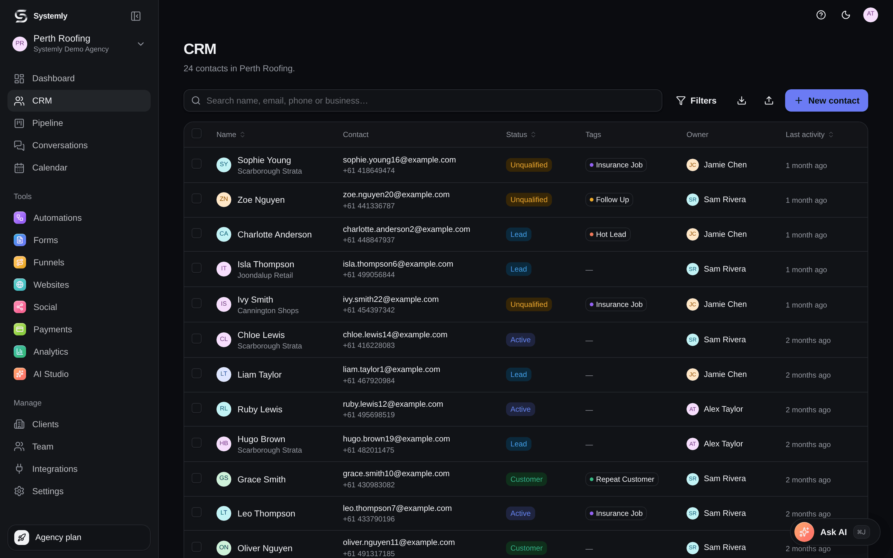 The Systemly CRM showing a filterable contact list with tags and owners