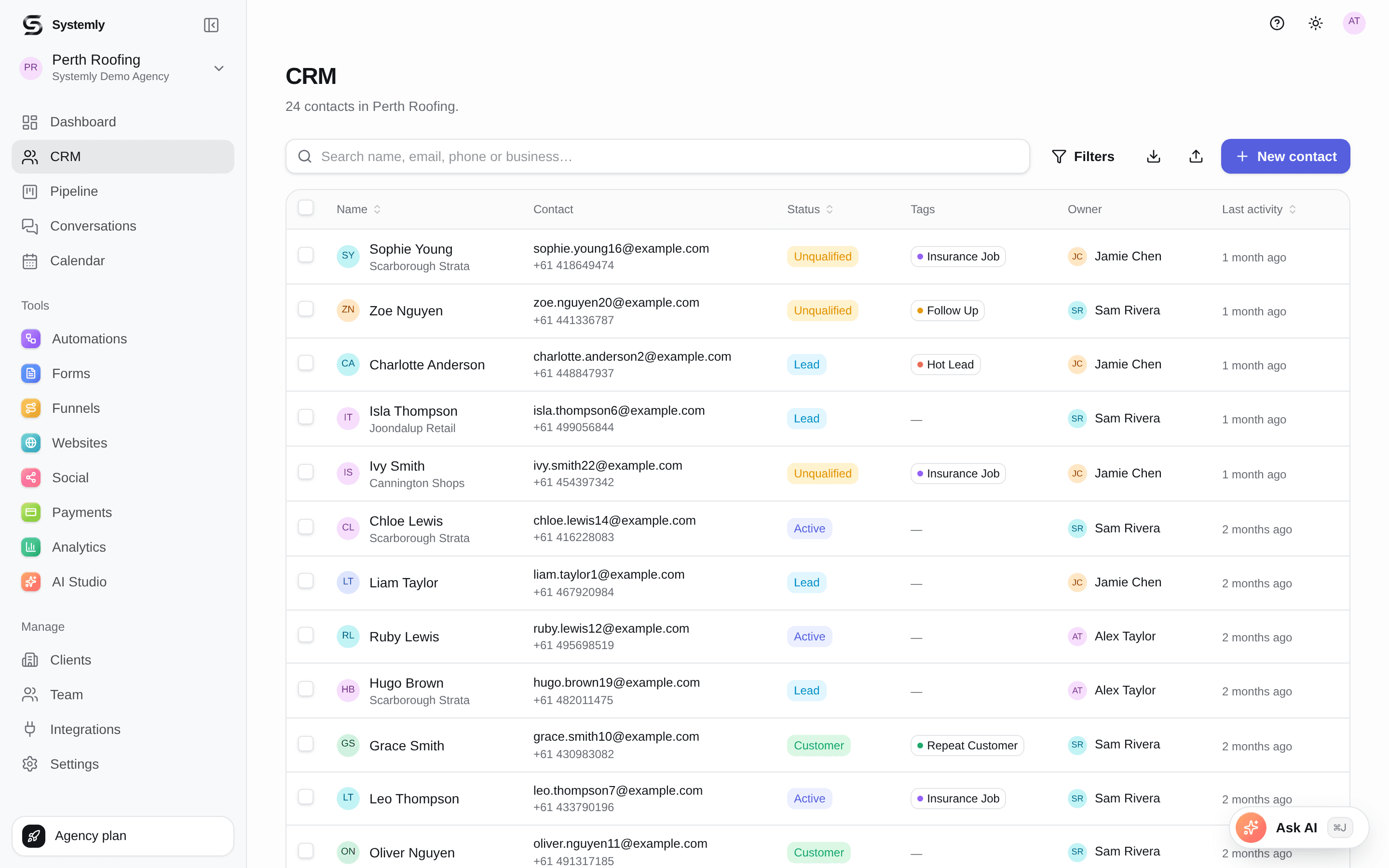 The Systemly CRM showing a filterable contact list with tags and owners