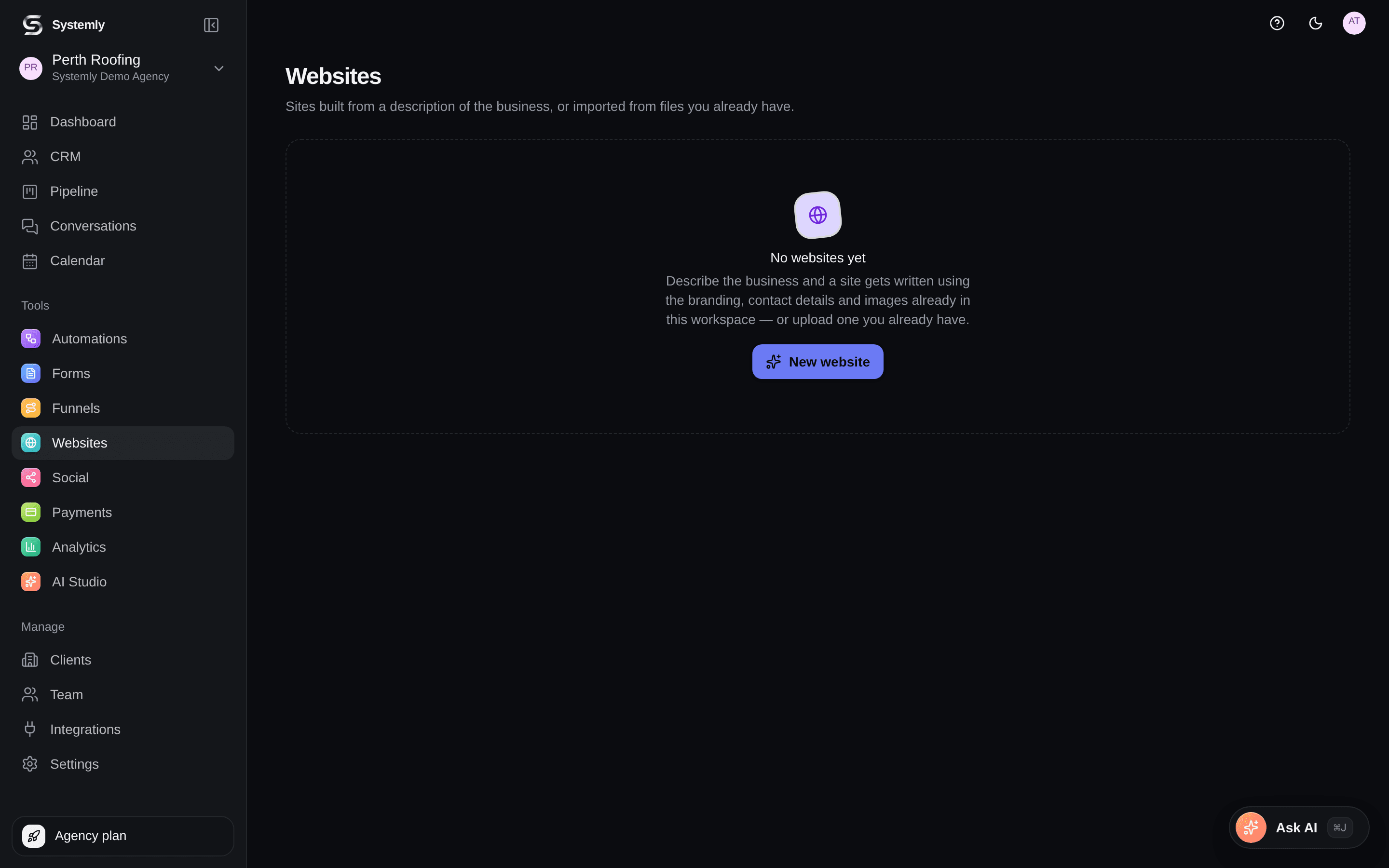 Systemly building a website from a description, showing generated pages in a workspace