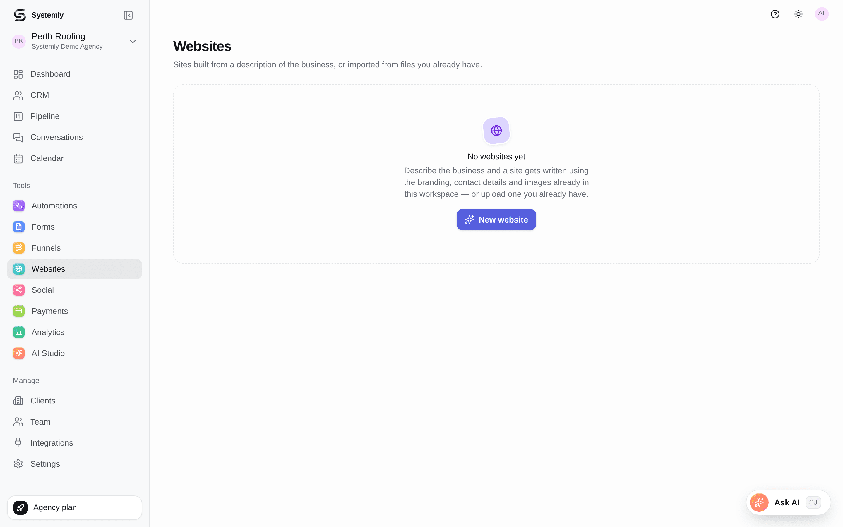 Systemly building a website from a description, showing generated pages in a workspace