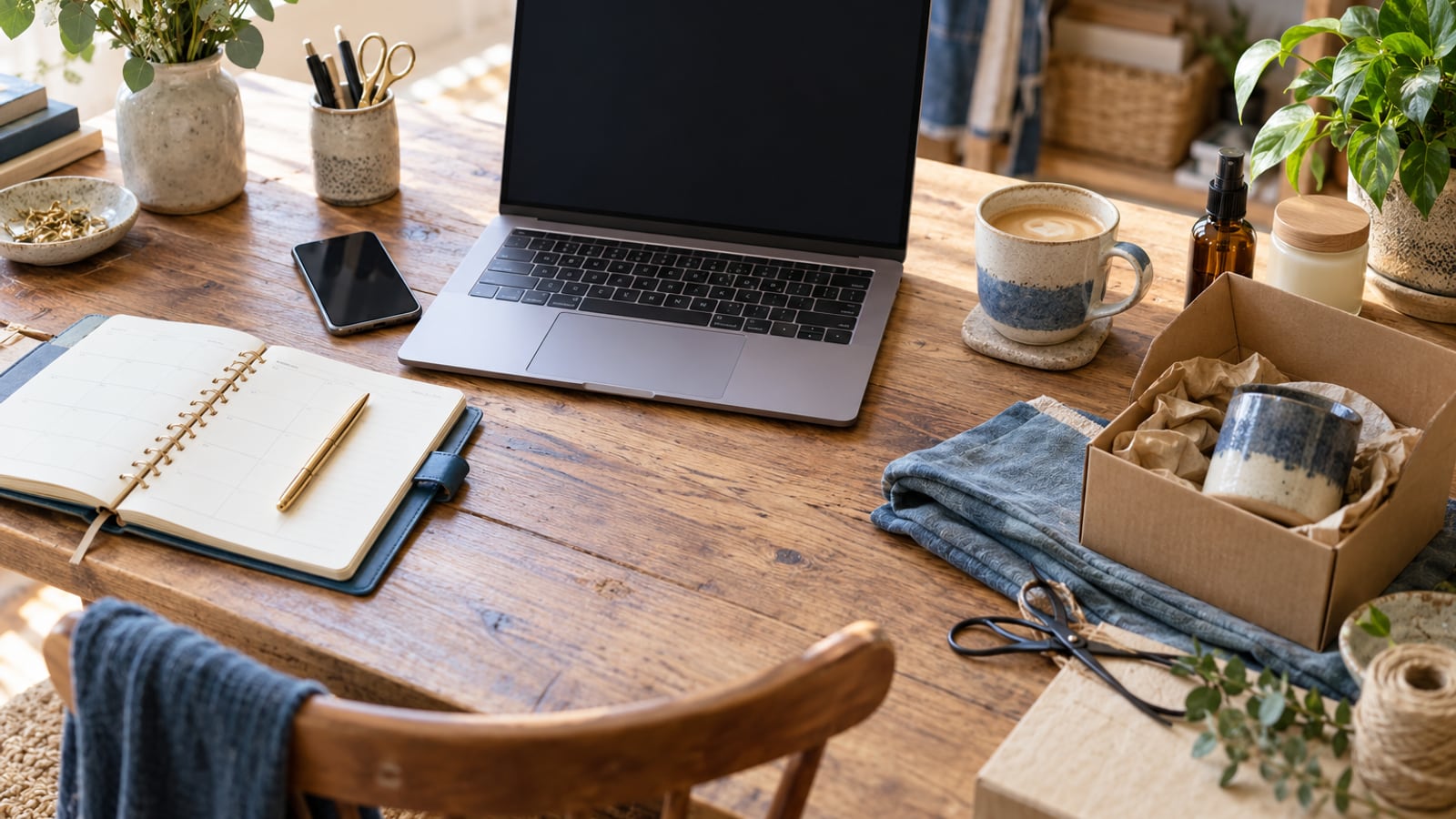 Small-business workbench with a laptop, appointment diary, phone and product sample