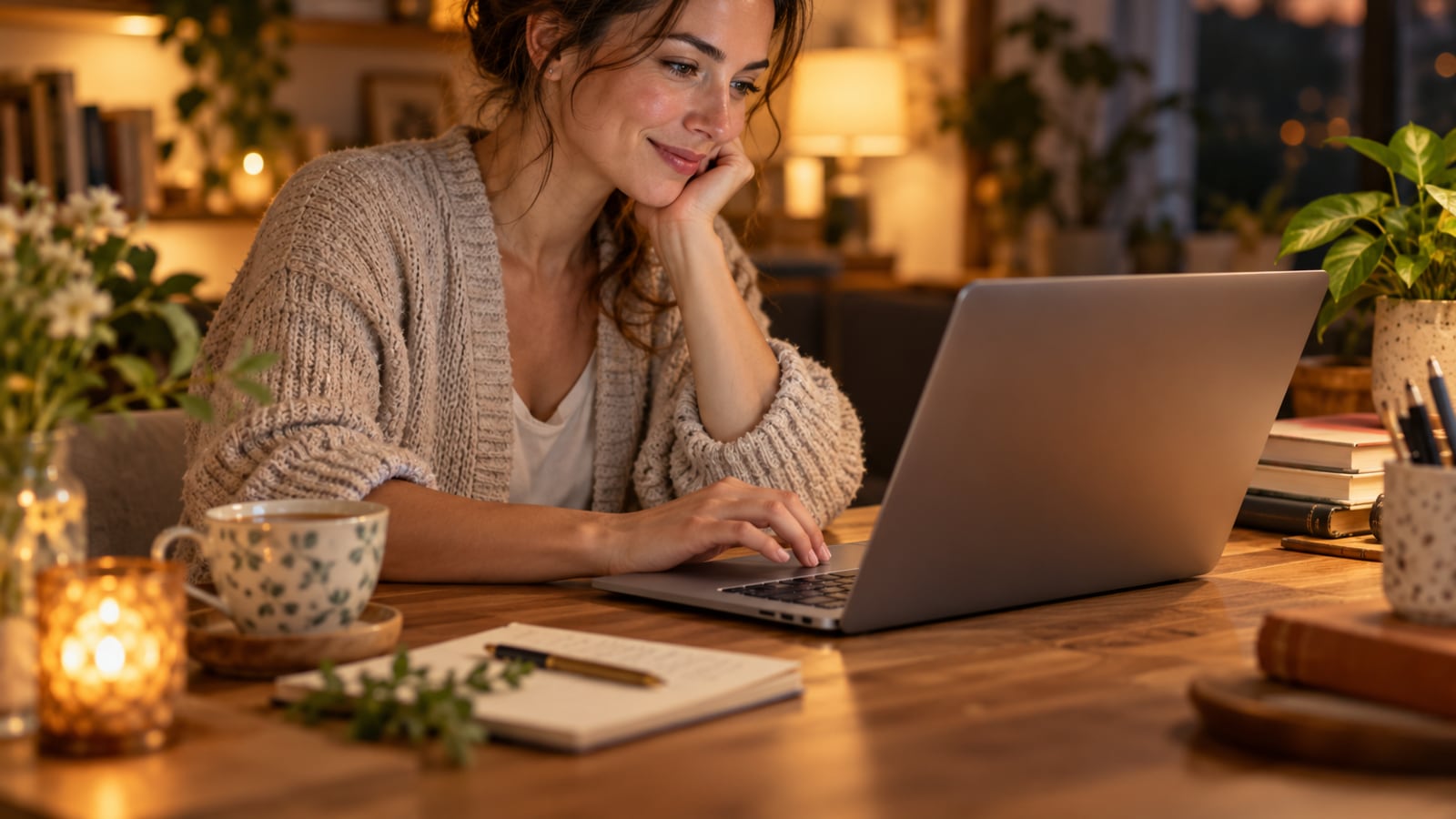 Small business owner writing a thoughtful customer follow-up at a laptop