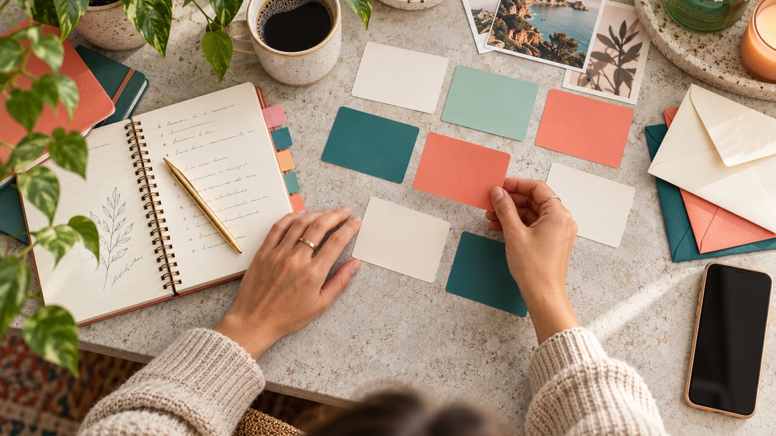 Campaign notes and blank customer cards arranged on a marketer's desk