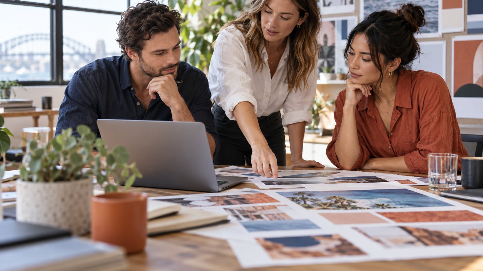 Marketing agency colleagues reviewing creative work together in a studio
