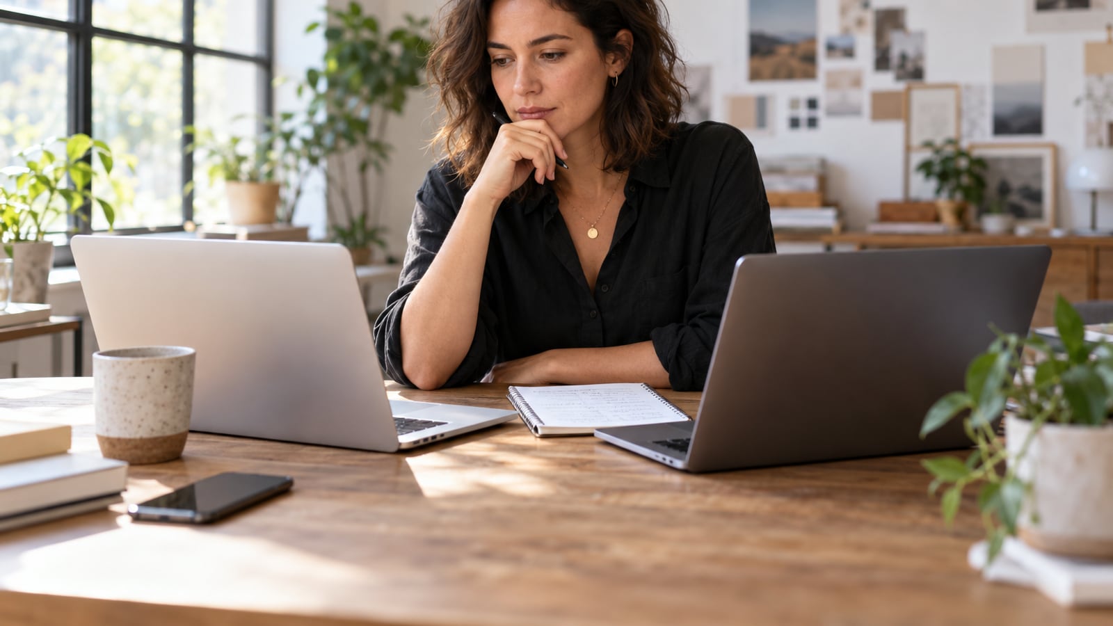 Agency founder comparing business software options at a desk