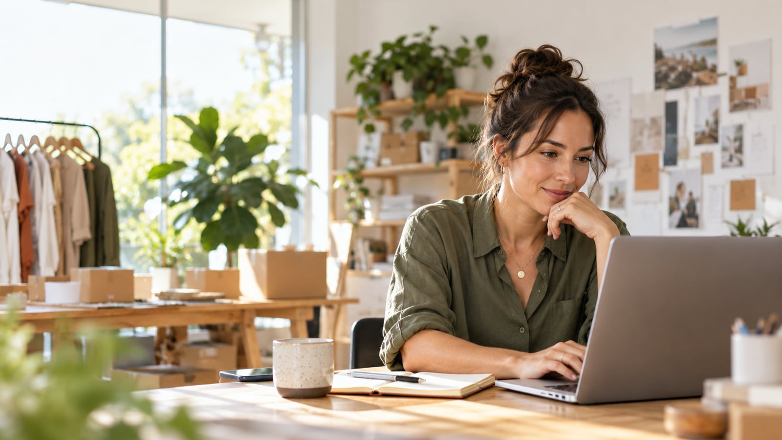 Small business owner considering CRM options at her studio desk