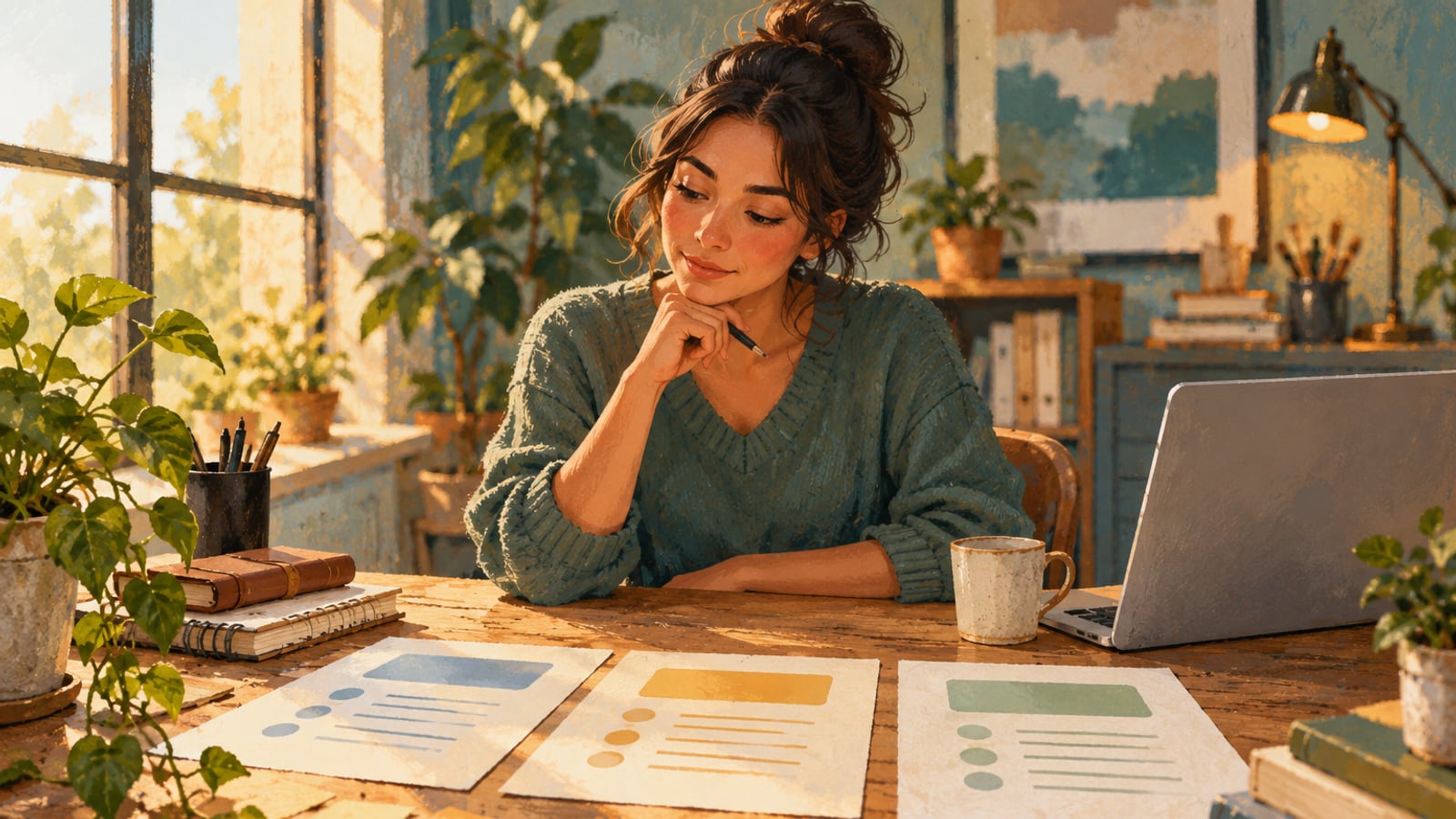Illustrated small business owner planning customer work at a desk