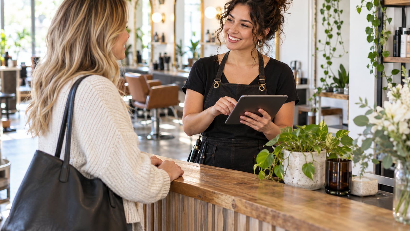 Stylist welcoming a client and confirming an appointment on a tablet