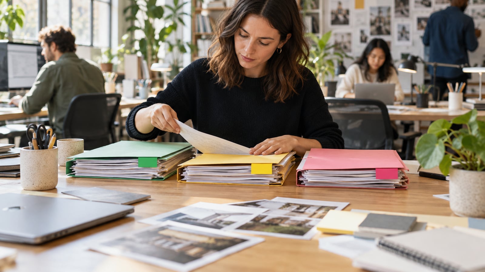 Agency account manager organising separate client folders at a shared studio table