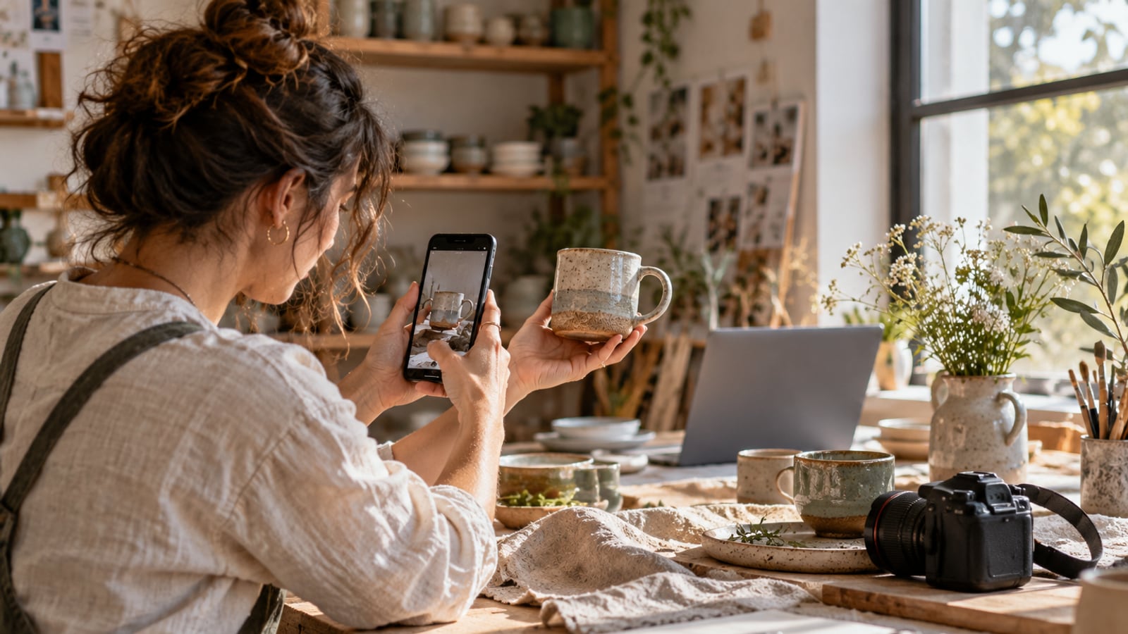 Ceramic artist photographing a handmade mug for a social media post