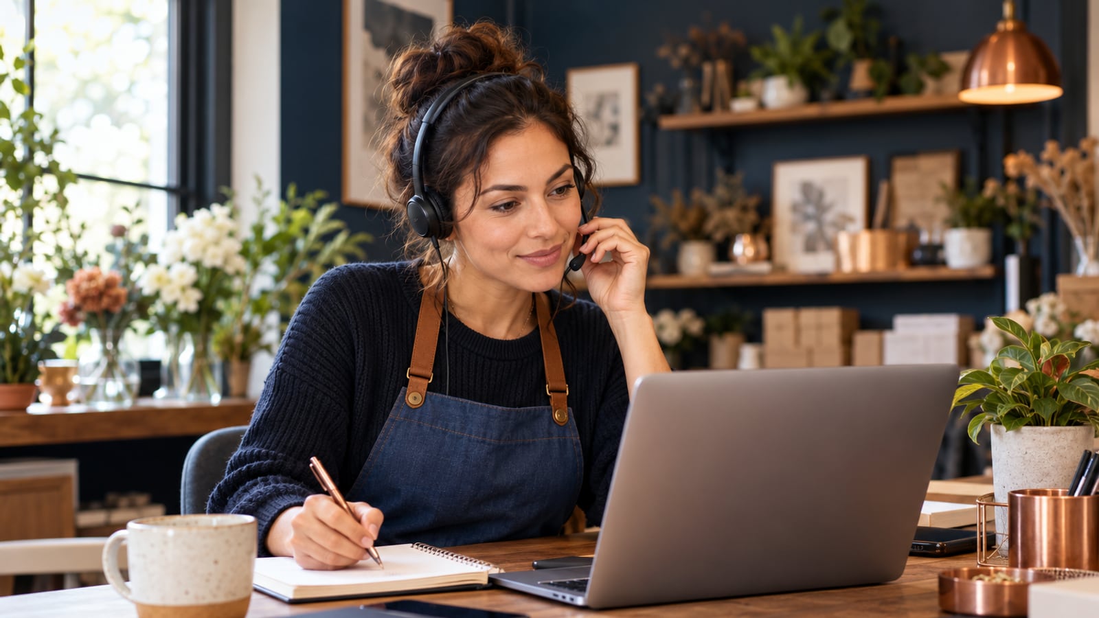 Small business team member listening to a customer while checking a shared inbox