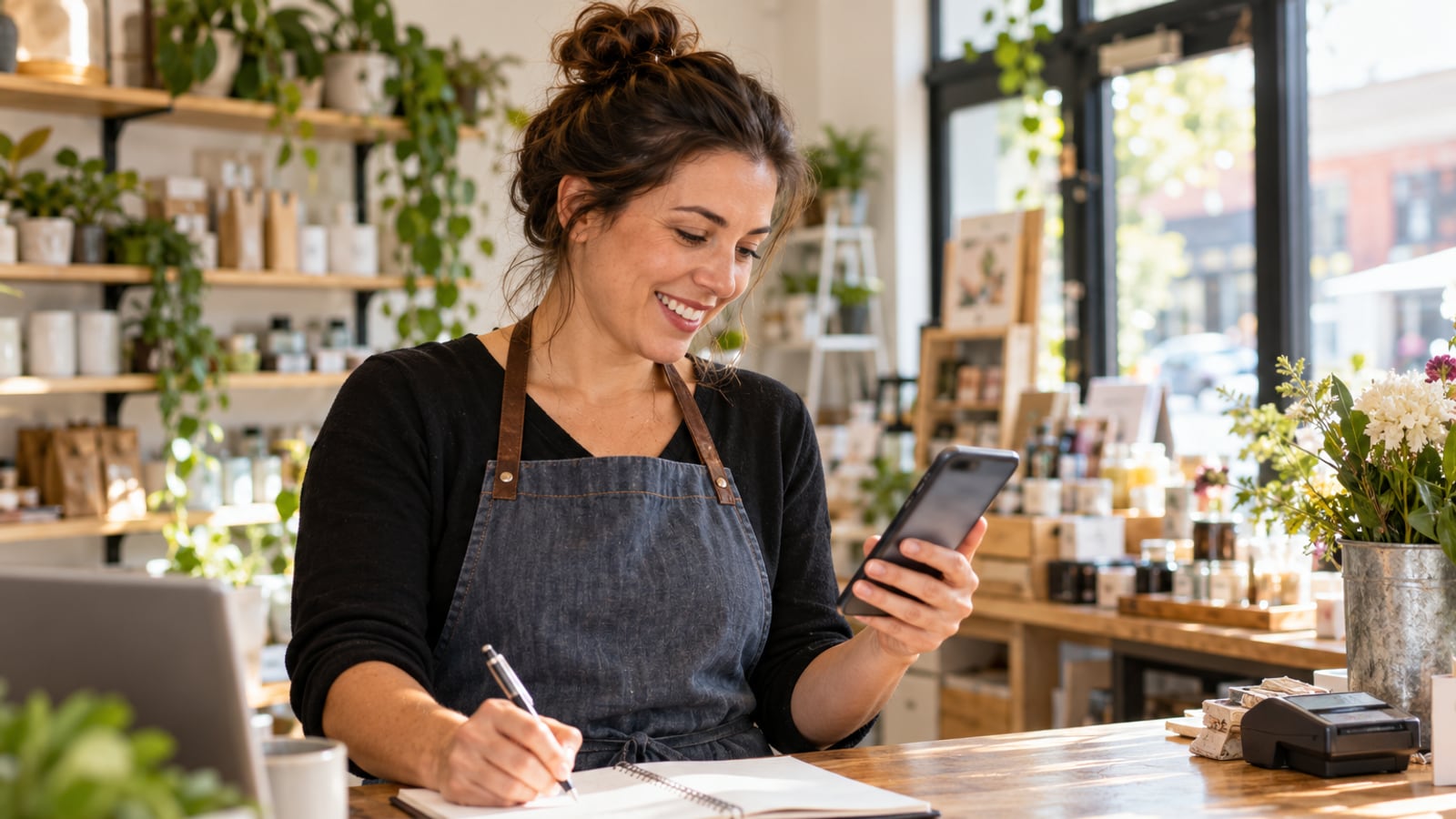 Business owner noticing a new enquiry and making a follow-up note